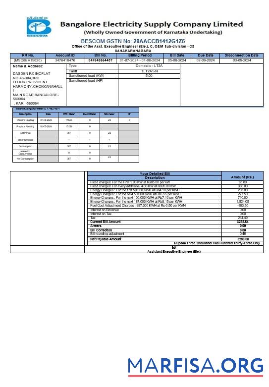 Downloadable INDIA BESCOM business utility bill Word and PDF template các trang đã xóa